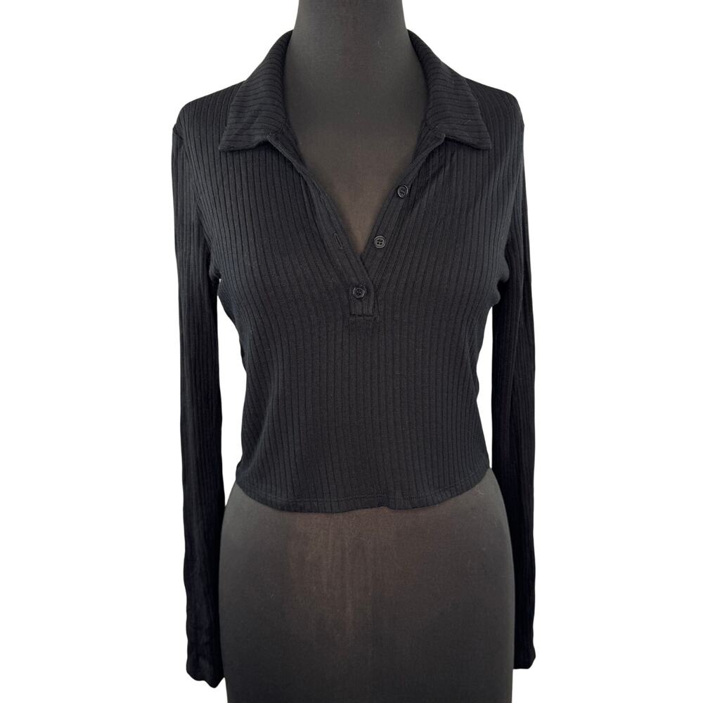 Reformation Jeans Black Crop Polo Shirt Stretch Ribbed Knit Collared M Medium